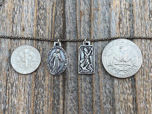 Sterling Silver St Michael & Miraculous Medal Cluster Pendant Necklace, French Antique Replica Medallions, Signed by artist PY, Archangel