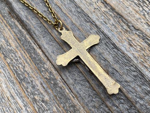 Antique Gold Sacred Heart of Jesus Crucifix, Pendant Necklace, Antique Replica, Large Gold Crucifix, Big Gold Sacred Heart Pendant Medallion