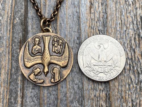 Large Bronze 5 Way Medal Pendant Necklace, Antique Replica, Rare Big 4 Way Medallion, from France by Artists JB and PCH, Descending Dove