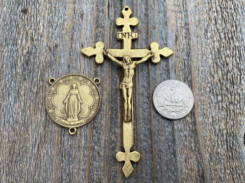 Antiqued Gold Large Miraculous Medal Rosary Center and/or Crucifix, French Antique Replicas, Rare Oversized Rosary Parts, 1.25 inch Center