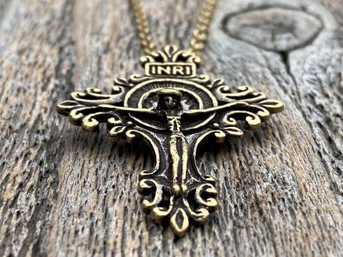 Antiqued Gold Artisan Crucifix, Antique Replica, Pendant on Necklace, Large and Elegant Radiant Crucifix, Bail on Backside, Jesus on Cross