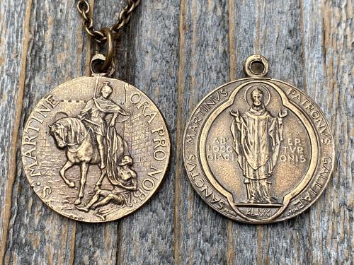 Bronze Latin St Martin of Tours Medal Pendant Necklace, French Antique Replica, Sanctus Martinus Turonensis Bishop of Tours, by Penin Lyon