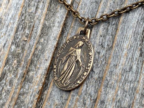Bronze Saint Michael and/or Miraculous Medal Cluster Pendant Necklace, French Antique Replica Medallions, Signed by PY, Layered Pendants