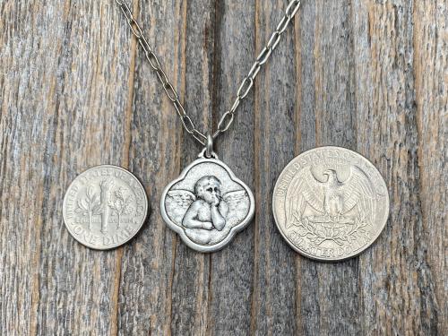 Silver Angel Medal Pendant on Necklace, Reproduction of French Antique Medallion, Quatrefoil Shaped Antique Replica Cherub Putti Charm