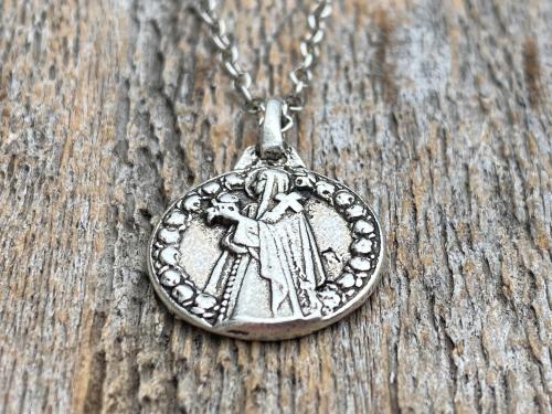 Small Silver St Thérèse of Lisieux Medal Pendant on Necklace, Antique Replica of Rare St Theresa of the Child Jesus Medallion by Artist PY