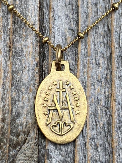 Antiqued Gold Miraculous Medal Pendant on Satellite Chain Necklace, French Antique Replica Medallion, By French Artist Ferdinand PY