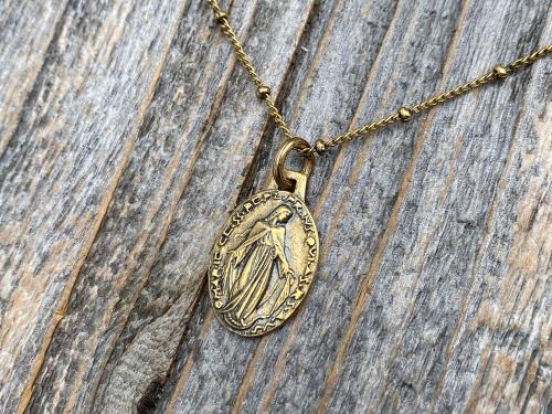 Antiqued Gold Miraculous Medal Pendant on Satellite Chain Necklace, French Antique Replica Medallion, By French Artist Ferdinand PY