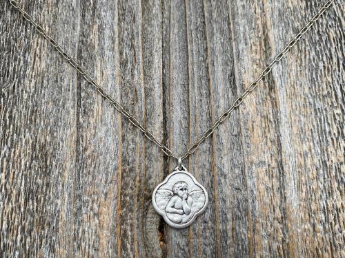 Silver Angel Medal Pendant on Necklace, Reproduction of French Antique Medallion, Quatrefoil Shaped Antique Replica Cherub Putti Charm