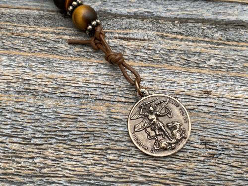 Bronze Chaplet of St Michael the Archangel, Antique Replica Medal, Crucifix and Beads, Yellow Tigereye Gemstones, A Holy Moments Original