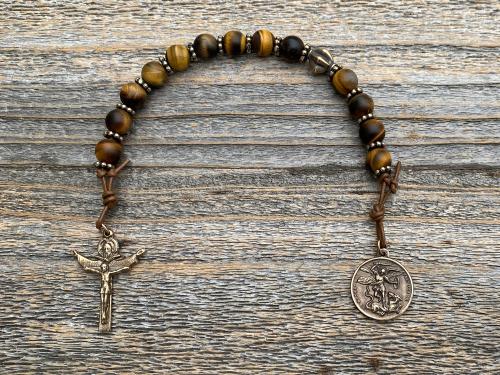 Bronze Chaplet of St Michael the Archangel, Antique Replica Medal, Crucifix and Beads, Yellow Tigereye Gemstones, A Holy Moments Original
