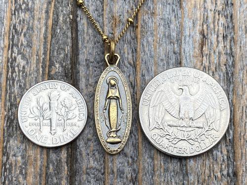Antiqued Gold Latin Miraculous Medal Pendant and Necklace, Antique Replica of French Miraculous Medallion, Elongated Oval Shape Virgin Mary