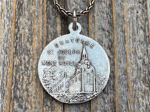 Sterling Silver Saint Joseph French Medal Pendant on Necklace, Antique Replica Medallion, Oratoire St. Joseph, Mont Royal, Montreal Quebec