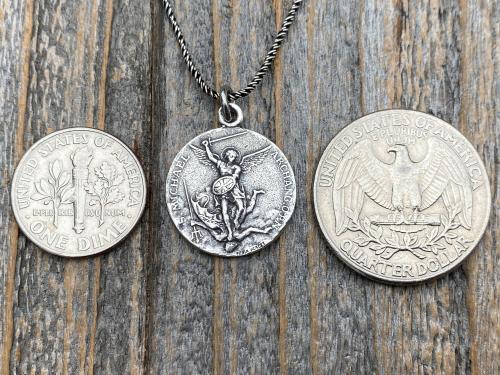 Sterling Silver St Michael Medallion Necklace, Antique Replica French Saint Michael the Archangel Pendant, Souvenir of Mont St Michel France