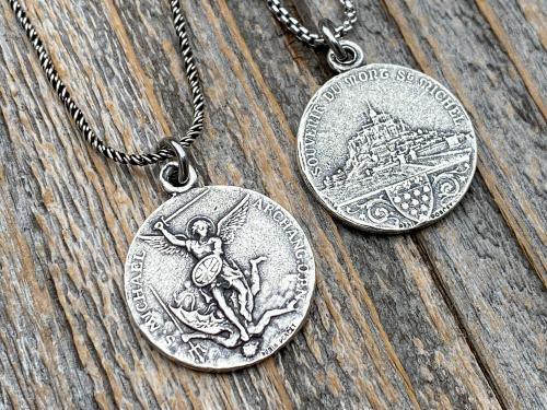 Sterling Silver St Michael Medallion Necklace, Antique Replica French Saint Michael the Archangel Pendant, Souvenir of Mont St Michel France