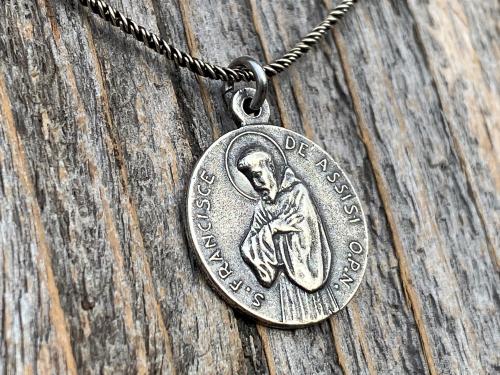 Sterling Silver St Francis of Assisi Blessing Medal Pendant on Necklace, Antique Replica of French Latin Medallion, May the Lord Bless You