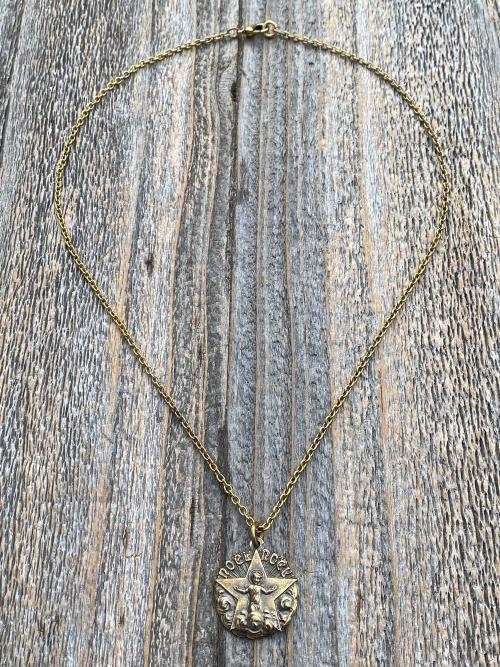 Antiqued Gold Christmas Noel Pendant and Necklace, Antique Replica of a Rare French Medallion, Baby Jesus with a Radiant Star, from France