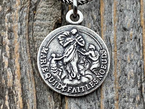 Sterling Silver Our Lady Untier of Knots Medallion on Necklace, Antique Replica of French Our Lady Undoer of Knots Marian Devotion Pendant