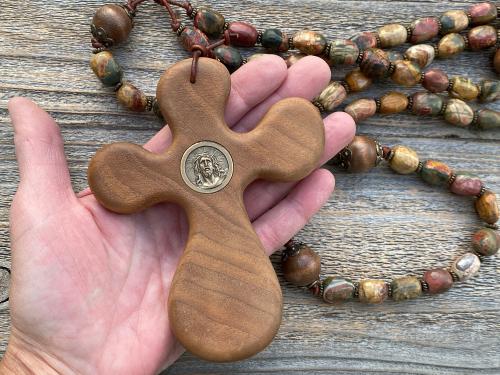 Palm Cross Large Rosary, with Bronze Christ Medallion, Antique Replica Bronze Beads & Cherry Creek Jasper Nugget Gemstones, One of a Kind