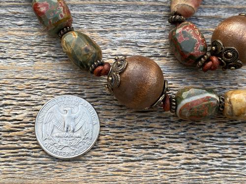 Palm Cross Large Rosary, with Bronze Christ Medallion, Antique Replica Bronze Beads & Cherry Creek Jasper Nugget Gemstones, One of a Kind