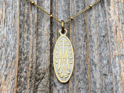 Antiqued Gold Latin Miraculous Medal Pendant and Necklace, Antique Replica of French Miraculous Medallion, Elongated Oval Shape Virgin Mary
