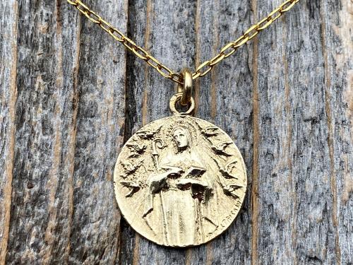 Fertility Saint Colette of Corbie Gold Medallion and Necklace, By French Artist Tricard, Antique Replica Medal, Patron Saint of Fertility