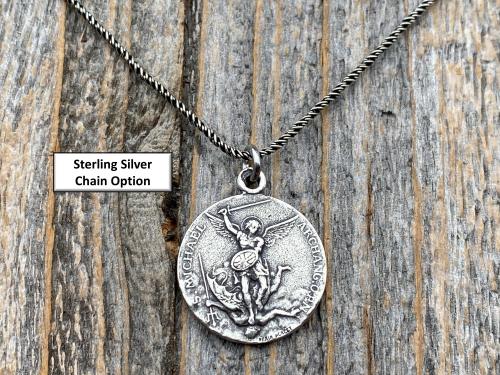 Sterling Silver St Michael Medallion Necklace, Antique Replica French Saint Michael the Archangel Pendant, Souvenir of Mont St Michel France