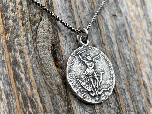 Sterling Silver St Michael Medallion Necklace, Antique Replica French Saint Michael the Archangel Pendant, Souvenir of Mont St Michel France