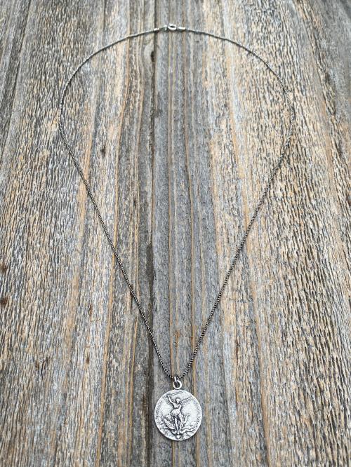 Sterling Silver St Michael Medallion Necklace, Antique Replica French Saint Michael the Archangel Pendant, Souvenir of Mont St Michel France