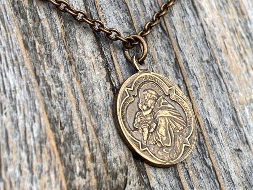 Bronze Saint Anthony of Padua Medallion & Necklace, Antique Replica of Rare French Latin Medal, Two-Sided Pendant with St Francis of Assisi