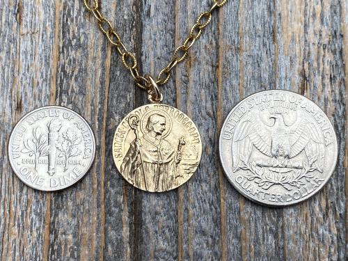 Gold St Charles Borromeo Medal and Necklace, By French Artist Tricard, Antique Replica, Patron Saint of Stomach Ailments, Weight Loss