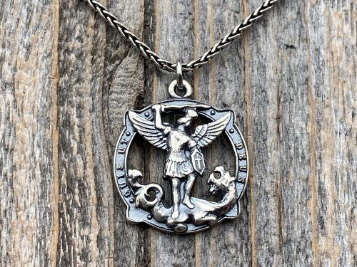 Sterling Silver Rare St Michael Quis Ut Deus Latin Medallion Necklace, Antique Replica Saint Michael the Archangel Protection Medal Pendant