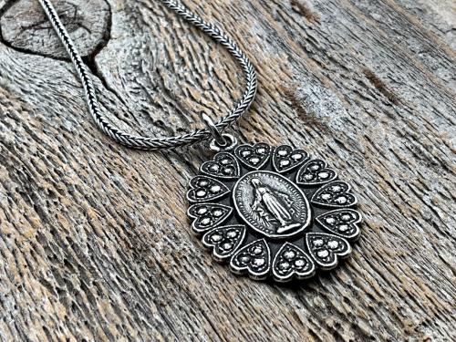 Sterling Silver Miraculous Medal Pendant Necklace, Hearts Border, Antique Replica, Blessed Virgin Mary Medal, Immaculate Virgin Mary, MM5