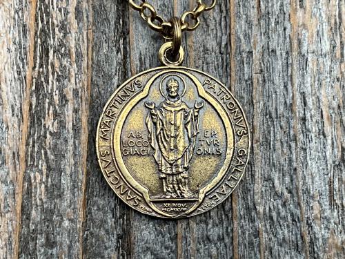 Antique Gold Latin St Martin of Tours Medallion Necklace, French Antique Replica, Sanctus Martinus Turonensis Bishop of Tours, by Penin Lyon
