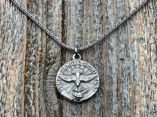 Sterling Silver Come Holy Ghost Medal, Holy Spirit Pendant Necklace, Antique Replica, Sacred Heart of Jesus, Veni Sancte Spiritus, VSS-1