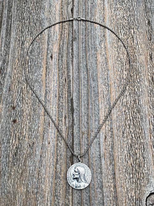 Sterling Silver Jesus Christ Medallion Pendant, French Antique Replica, Signed by Louis Tricard, Latin Christus Salvator - Christ the Savior