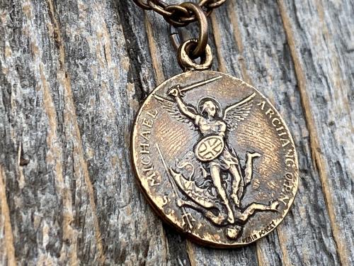 Bronze St Michael Medallion Necklace, Antique Replica French Saint Michael the Archangel Pendant, Souvenir of Mont St Michel France by Penin