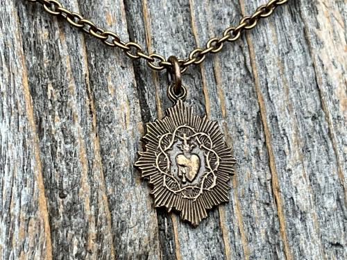 Petite French Bronze Sacred Heart of Jesus Medallion Pendant & Necklace, Antique Replica Medal, Basilica of the Sacred Heart Paray-le-Monial