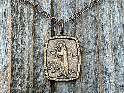 Bronze St. Francis of Assisi Medal and Necklace, Blessing Prayer on Backside, Antique Replica Medal, St Francis Pendant, Paperclip Chain