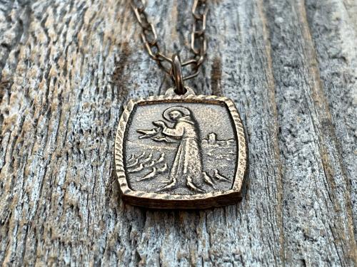 Bronze St. Francis of Assisi Medal and Necklace, Blessing Prayer on Backside, Antique Replica Medal, St Francis Pendant, Paperclip Chain