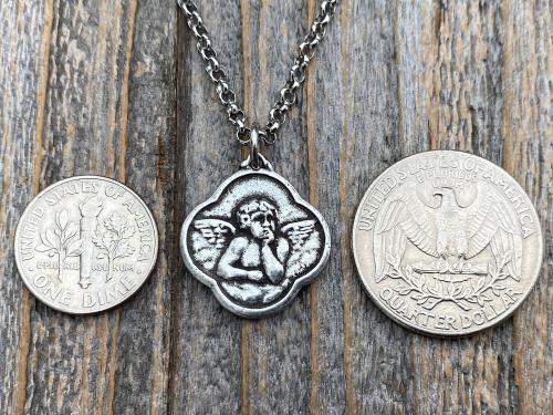 Antiqued Pewter Angel Pendant on Necklace, Reproduction French Antique Medallion, Quatrefoil Shaped Antique Replica Cherub Putti from France