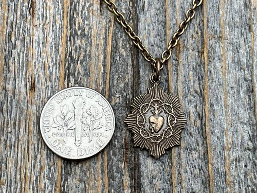 Petite French Bronze Sacred Heart of Jesus Medallion Pendant & Necklace, Antique Replica Medal, Basilica of the Sacred Heart Paray-le-Monial