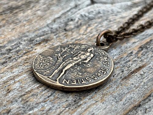 Saint Sebastian Bronze Medal and Necklace, Antique Replica, Patron Saint of Athletes & Soldiers Pendant, Rare French St Sebastien Medallion