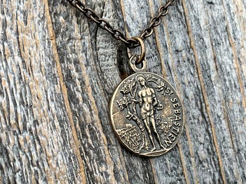 Saint Sebastian Bronze Medal and Necklace, Antique Replica, Patron Saint of Athletes & Soldiers Pendant, Rare French St Sebastien Medallion