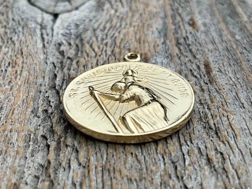 Gold Archangel Raphael & St Christopher Gold Medallion Necklace, Antique Replica Protection 2-sided Medal, Saint Healing, Saint Safe Travels