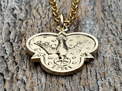 Gold 7 Gifts of the Holy Spirit Medal Pendant and Necklace, Antique Replica Holy Trinity Medallion, Holy Spirit Dove, Holy Ghost Pendant