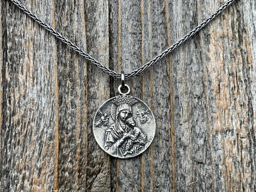 Sterling Silver St Gerard Majella & Our Lady of Perpetual Help Medallion Necklace, Antique Replica, Saint of Expectant Mothers, Fertility