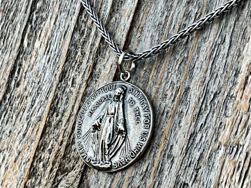 Sterling Silver Round Miraculous Medal Pendant Necklace, Antique Replica Circle Medallion, O Mary Conceived Without Sin Pray for Us, MM2