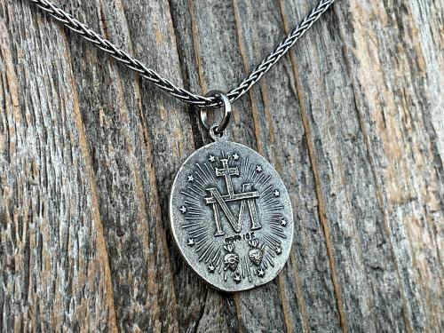 Sterling Silver Round Miraculous Medal Pendant Necklace, Antique Replica Circle Medallion, O Mary Conceived Without Sin Pray for Us, MM2