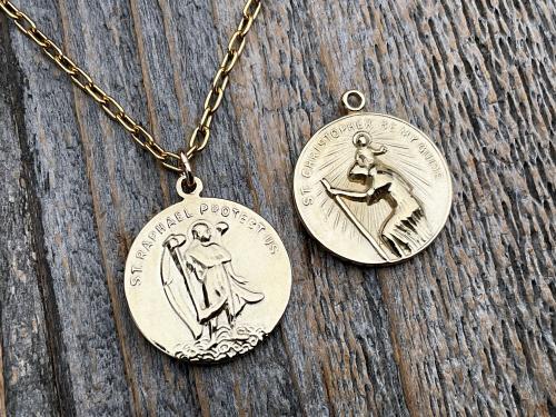 Gold Archangel Raphael & St Christopher Gold Medallion Necklace, Antique Replica Protection 2-sided Medal, Saint Healing, Saint Safe Travels