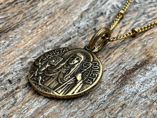 Fertility Saint Colette of Corbie Small Gold Antique Replica Medal and Necklace, By French Artists Penin & Karo, 2-sided Medallion Charm
